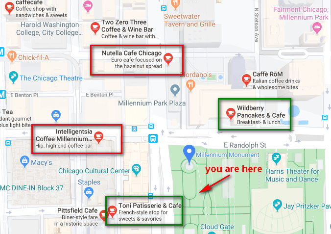 Map highlighting four coffee shops near Millennium Park in Chicago