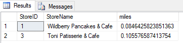 Query results showing two locations and their distance from the specified coordinates