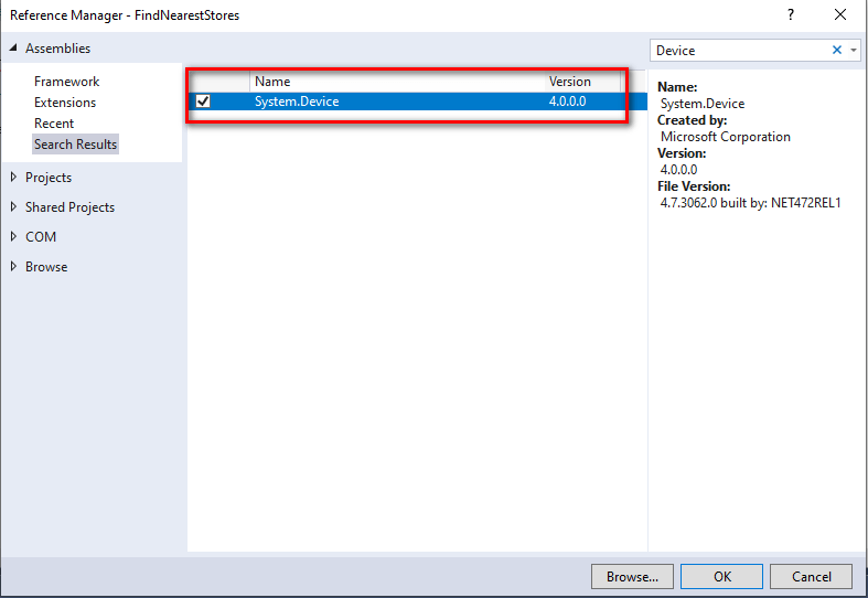 Adding a reference to System.Device in Visual Studio