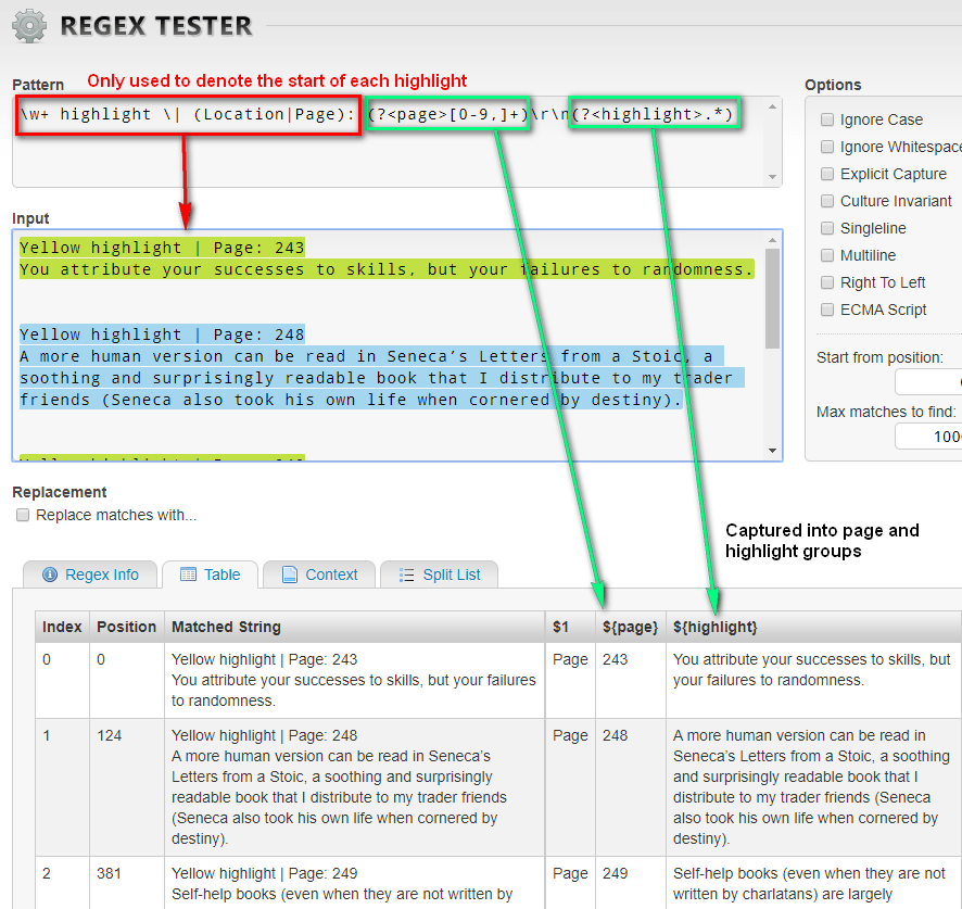 Regex Tester showing a regex pattern, input, and the resulting matches
