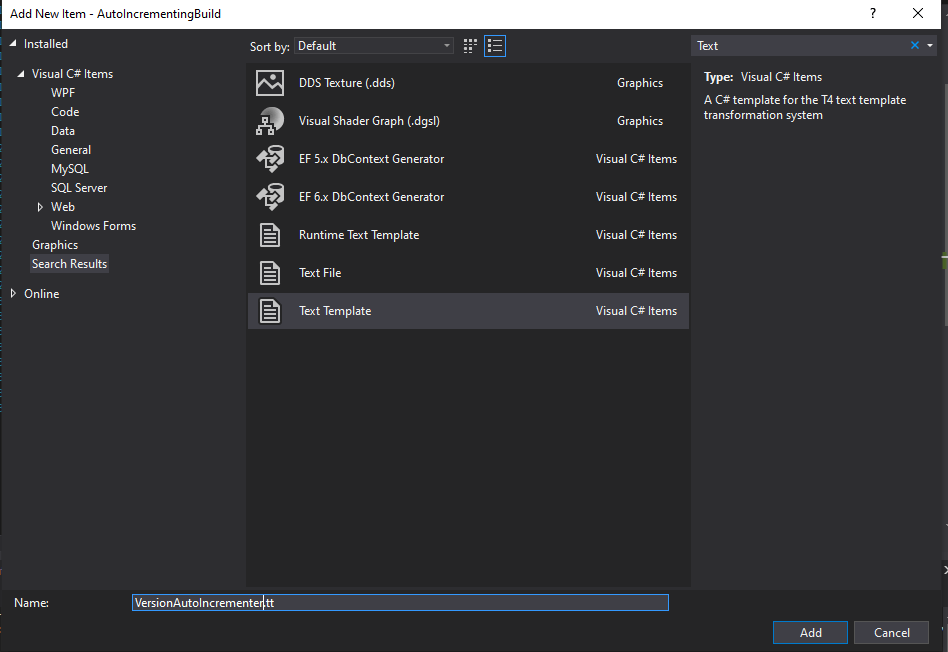 Visual Studio - Adding a TextTemplate item called VersionAutoIncrementer.tt