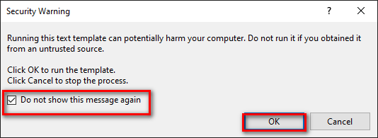 Visual Studio prompt warning you about running a text template file