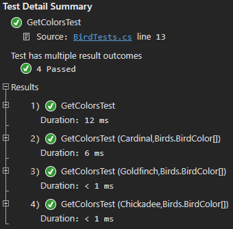 Test Detail Summary showing the GetColorsTest unit tests passing after the refactoring step