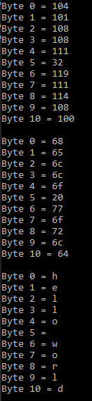 Output of formatting bytes in three different ways - decimal, hex, and ascii