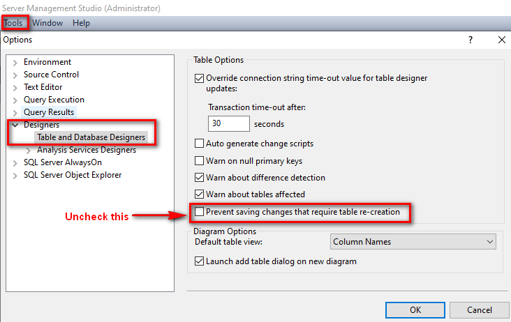 SSMS - tools > Designers > Tables and Database Designers > uncheck Prevent saving changes that require table re-creation