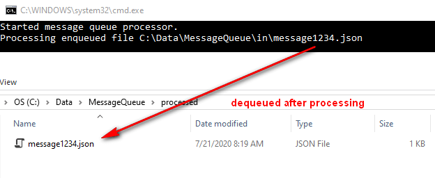 Console output showing new file (message1234.json) was detected by FileSystemWatcher and then moved to /processed/ folder