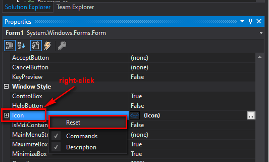 Form Properties > right-click Icon > click Reset