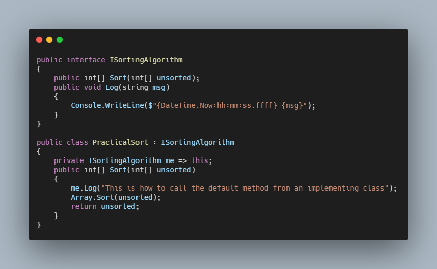 C# - Default method implementations and constants in interfaces