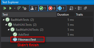 Test Explorer results showing that one of the unit tests didn't finish