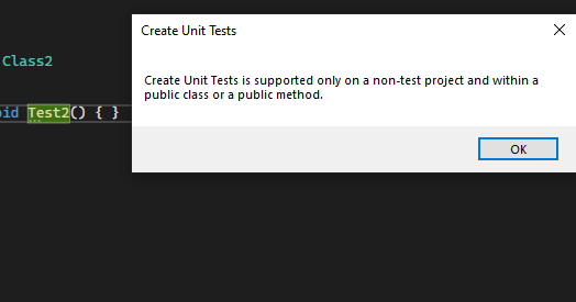 Create Unit Tests is supported only on a non-test project with a public ...
