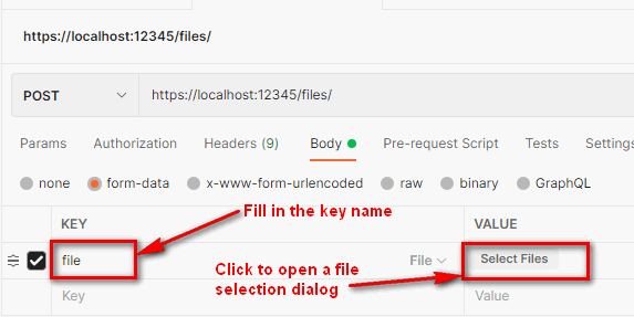 Postman - Shows the key column with value "file" (matches the web API's file parameter name). Shows an arrow pointing to the Select Files button.