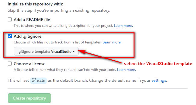 GitHub - Creating a new repository - Checked the "Add .gitignore" option and selected the VisualStudio template