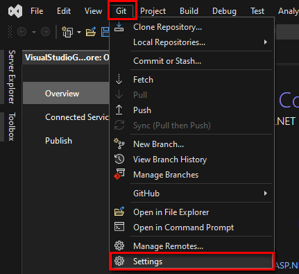 Visual Studio menu (Git > Settings)