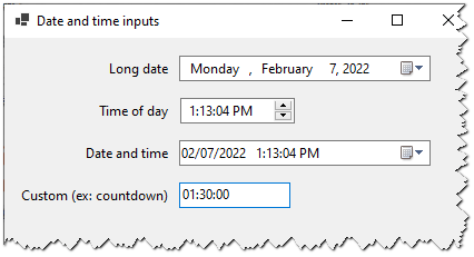 WinForms - Showing DateTimePicker with three formats: long date, time of day, and date and time together. Also shows a custom format with a countdown