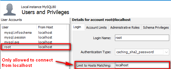MySQL Workbench, Users and Privileges - Showing the root user only has localhost whitelisted