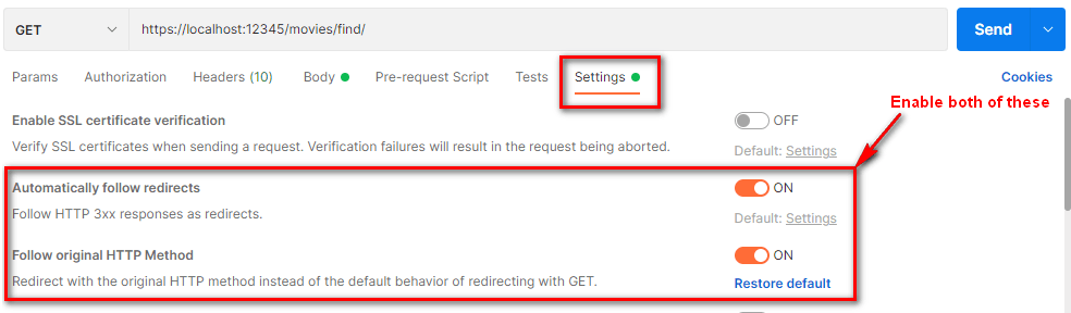 Postman request - Settings tab. Enabled settings: Automatically follow redirects and Follow original HTTP method