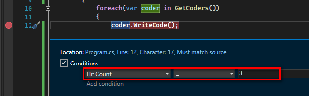 Visual Studio - Conditional breakpoint when Hit Count == 3