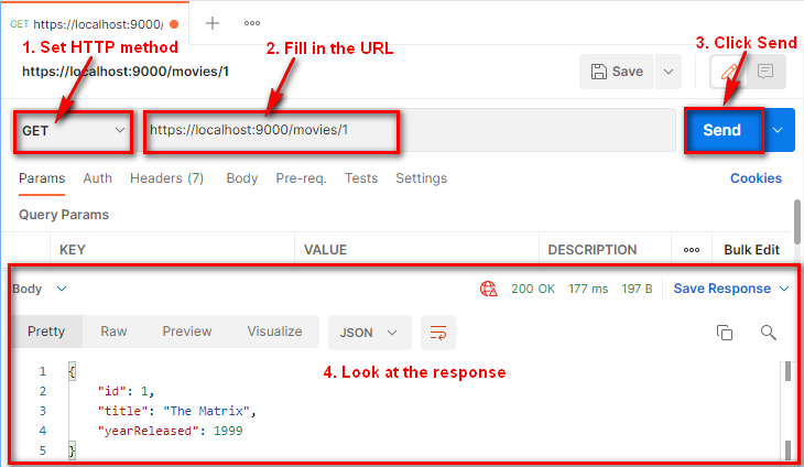 Postman request - Shows the HTTP Method and URL set, clicking the Send button, and the response body and status code