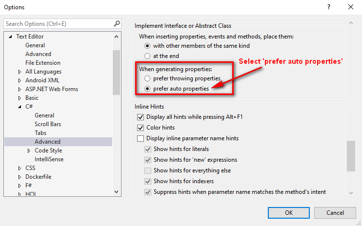 Visual Studio options window showing how to select the "prefer auto properties" for the Implement Interface quick action.