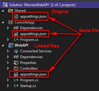 Visual Studio - appsettings.json added at the solution level with linked files added in the two projects