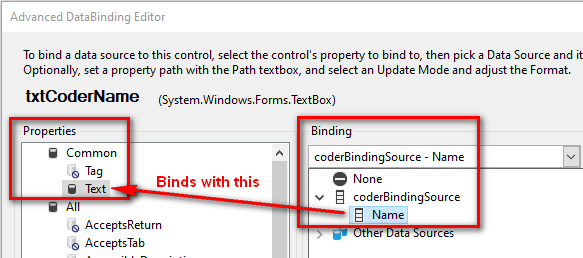 Visual Studio Advanced DataBindings Editor window. TextBox.Text is selected in the Properties section on the left, and coderBindingSource.Name is selected in the Binding section on the right.