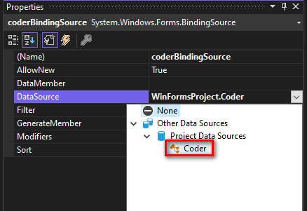WinForms BindingSource.DataSource property set to the object data source that was just added via the Coder.datasource file