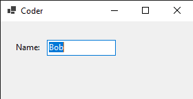 WinForm with a textbox showing the bound Coder.Name value ("Bob")