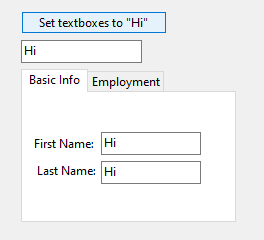 WinForms - TextBox and TabControl with textboxes. Shows button that recurses through all textboxes and sets their text to a value ("Hi")