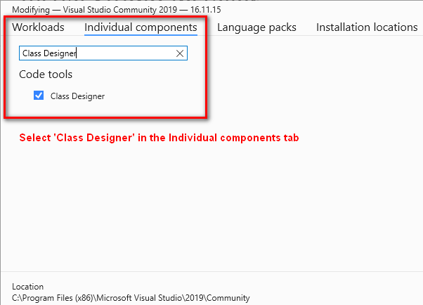 Visual Studio Installer > Individual components with a check next to'Class Designer'