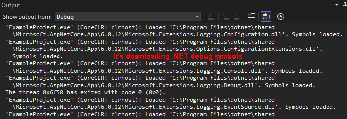 Visual Studio Output window showing debug symbols loading for several .NET assemblies